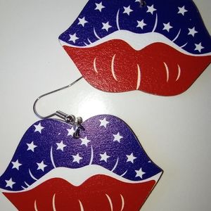 Patriotic lips, red white and blue earrings